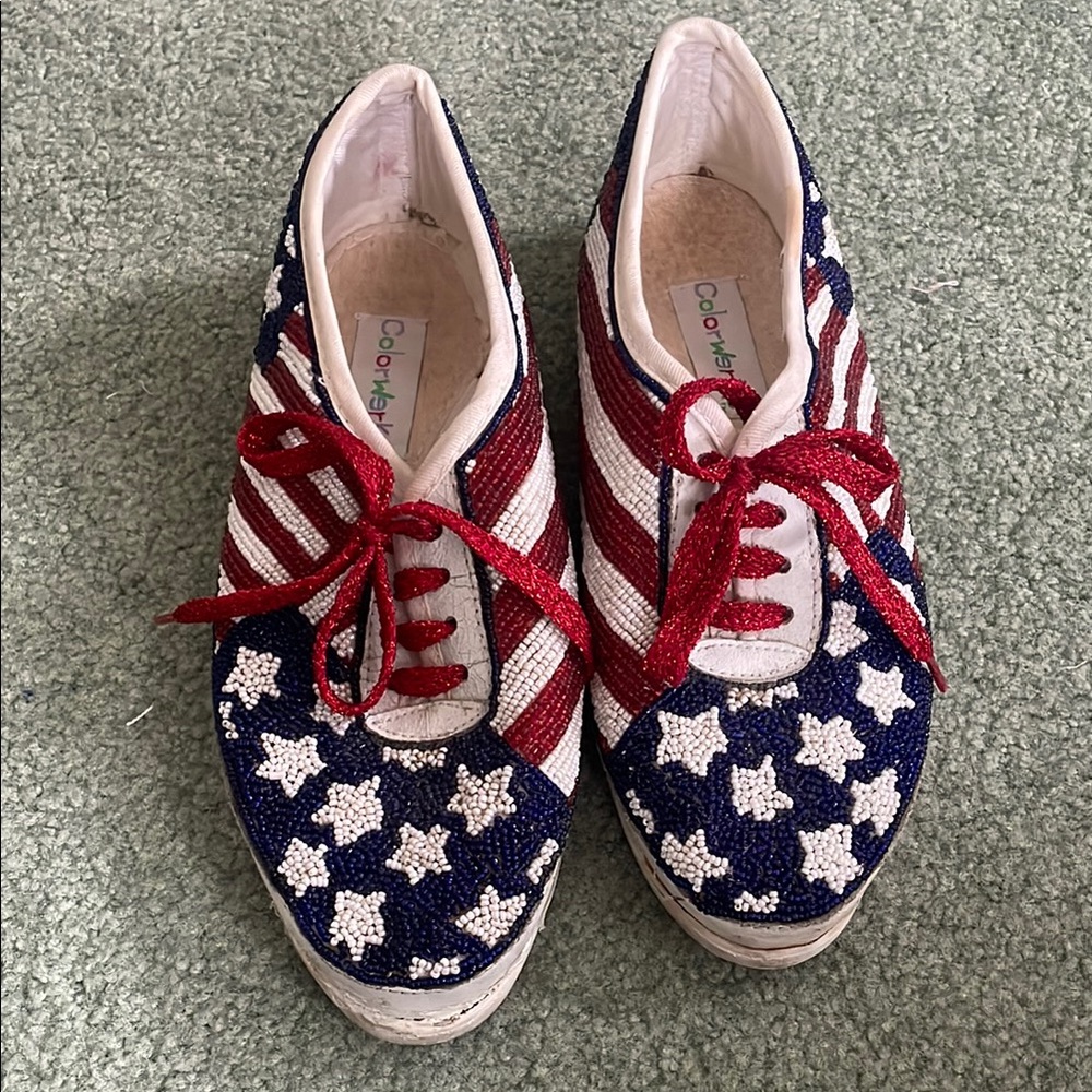 Vintage Beaded Women's Flag Sneakers - Red, White and Blue
